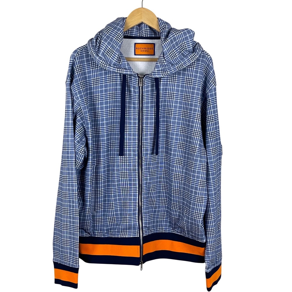 Rockridge Mens Blue Plaid Full Zip Hoodie Medium Orange Stripe Trim NWT